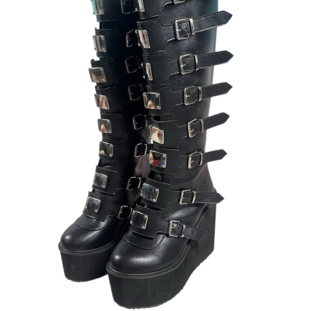 Goth Platform Boots Knee High Gothic Womens Whimsigoth Buckle Straps Black - Picture 2 of 7